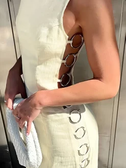 Best Metallic O-Ring Cutout Long Dress White Dresses|Vacation Dresses