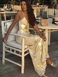 New Metallic Print V-Neck Backless Slip Long Dress Casual Dresses|Cocktail & Party Dresses