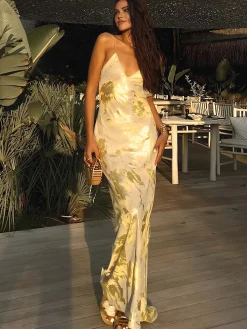 New Metallic Print V-Neck Backless Slip Long Dress Casual Dresses|Cocktail & Party Dresses