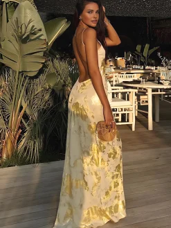 New Metallic Print V-Neck Backless Slip Long Dress Casual Dresses|Cocktail & Party Dresses