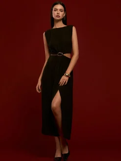 New Metal-Ring Cutout Pleated Dress Black Dresses|Casual Dresses