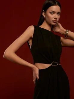 New Metal-Ring Cutout Pleated Dress Black Dresses|Casual Dresses