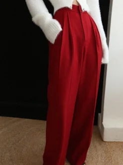 Middle Waist Pleated Tape Pants Long Sleeve Sets|Pants