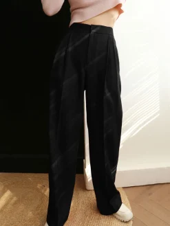 Middle Waist Pleated Tape Pants Long Sleeve Sets|Pants
