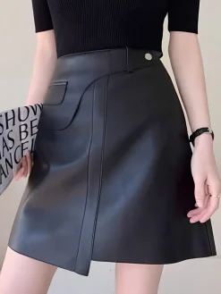 Outlet Mid-Waist Asymmetrical Faux Leather Mini Skirt Bottoms