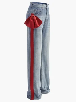 Online Mid-Waist Bow-Decor Denim Jeans Denim|Bottoms