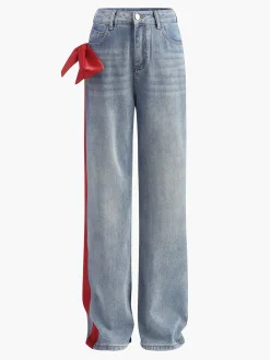 Online Mid-Waist Bow-Decor Denim Jeans Denim|Bottoms