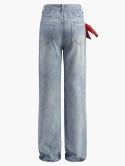 Online Mid-Waist Bow-Decor Denim Jeans Denim|Bottoms