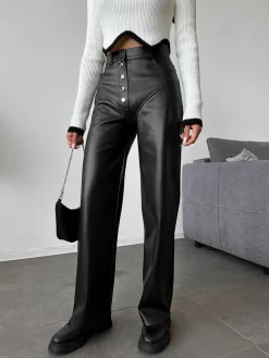 Best Mid-Waist Button PU Leather Pants Pants|Bottoms
