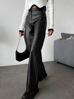 Best Mid-Waist Button PU Leather Pants Pants|Bottoms