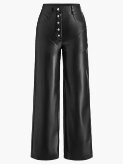 Best Mid-Waist Button PU Leather Pants Pants|Bottoms