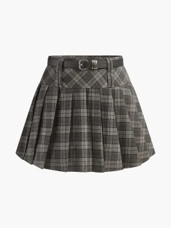 Discount Mid-Waist Checked Pleated Skirt With Belt Skirts|Bottoms