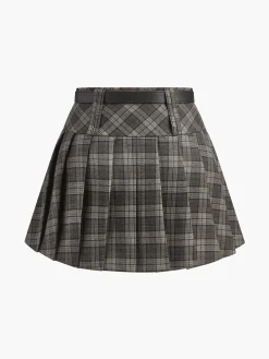 Discount Mid-Waist Checked Pleated Skirt With Belt Skirts|Bottoms
