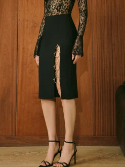 Discount Mid-Waist Circle-Ring Split Skirt Bottoms