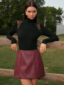 New Mid-Waist Faux Leather Back-Zipper Mini Skirt Matching Sets|Bottoms
