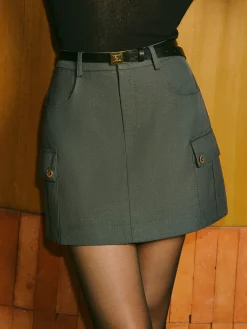Discount Mid-Waist Pockets A-Line Skirt With Belt Bottoms