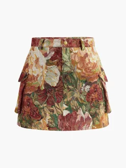 Clearance Mid-Waist Pockets Floral Skirt Bottoms