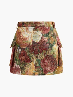 Clearance Mid-Waist Pockets Floral Skirt Bottoms
