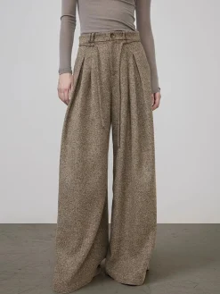 Online Mid-Waist Tweed Pleated Wide-Leg Pants Bottoms