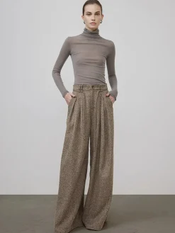 Online Mid-Waist Tweed Pleated Wide-Leg Pants Bottoms