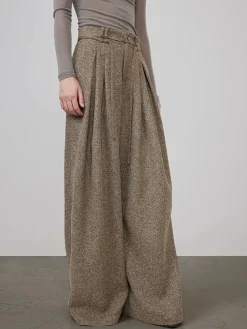 Online Mid-Waist Tweed Pleated Wide-Leg Pants Bottoms