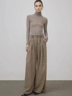 Online Mid-Waist Tweed Pleated Wide-Leg Pants Bottoms