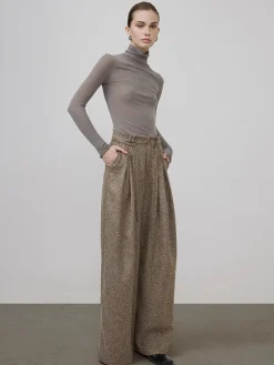 Online Mid-Waist Tweed Pleated Wide-Leg Pants Bottoms