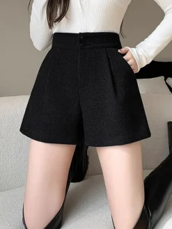 New Mid-Waist Tweed Pockets Wide-Leg Shorts Bottoms
