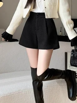 New Mid-Waist Tweed Pockets Wide-Leg Shorts Bottoms