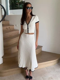 Clearance Minimalism Contrast Trim Sweater Skirt Set Sweater Tops|Skirts
