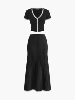 Clearance Minimalism Contrast Trim Sweater Skirt Set Sweater Tops|Skirts
