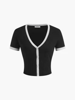 Clearance Minimalism Contrast Trim Sweater Skirt Set Sweater Tops|Skirts