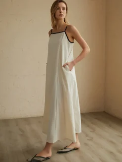 Clearance Minimalism Contrast Trim Long Dress White Dresses|Casual Dresses