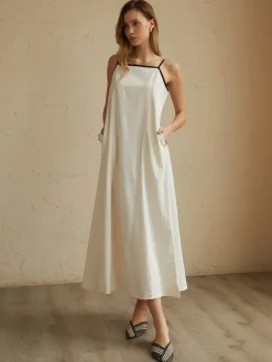 Clearance Minimalism Contrast Trim Long Dress White Dresses|Casual Dresses