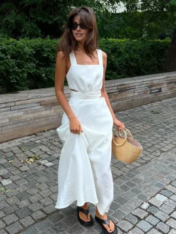 Hot Minimalism Knotted Cami Long Dress White Dresses|Casual Dresses