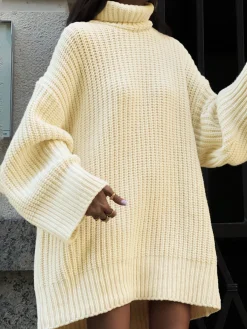 Discount Minimalism Turtleneck Short Sweater Dress White Dresses|Sweater Dresses