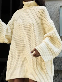 Discount Minimalism Turtleneck Short Sweater Dress White Dresses|Sweater Dresses
