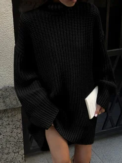 Discount Minimalism Turtleneck Short Sweater Dress White Dresses|Sweater Dresses
