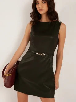 Online Minimalist Belted Faux Leather Tank Dress Black Dresses|Casual Dresses