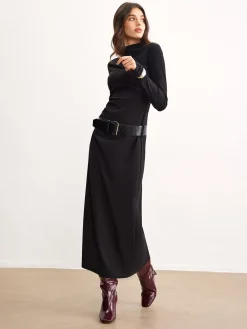 Hot Minimalist Belted Jersey Dress Black Dresses|Work Dresses