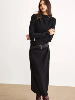 Hot Minimalist Belted Jersey Dress Black Dresses|Work Dresses