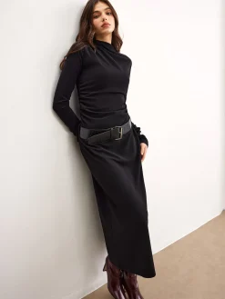 Hot Minimalist Belted Jersey Dress Black Dresses|Work Dresses