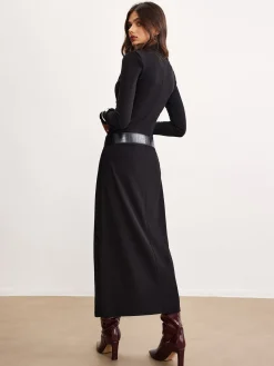 Hot Minimalist Belted Jersey Dress Black Dresses|Work Dresses