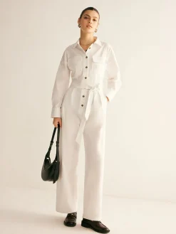 Minimalist Button Polo Jumpsuit With Belt White Dresses|Jumpsuits & Rompers