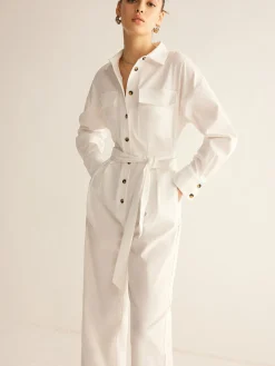Minimalist Button Polo Jumpsuit With Belt White Dresses|Jumpsuits & Rompers
