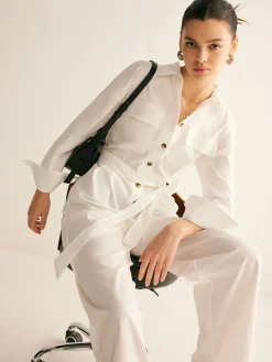 Minimalist Button Polo Jumpsuit With Belt White Dresses|Jumpsuits & Rompers