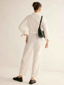 Minimalist Button Polo Jumpsuit With Belt White Dresses|Jumpsuits & Rompers