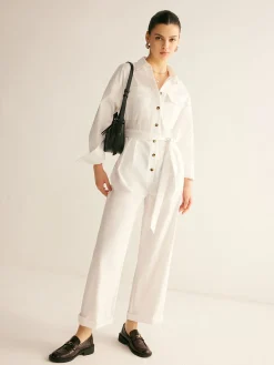 Minimalist Button Polo Jumpsuit With Belt White Dresses|Jumpsuits & Rompers