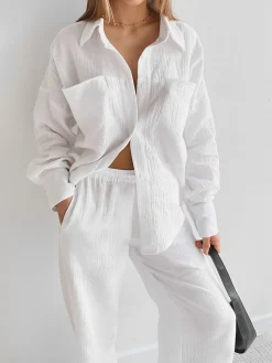 Clearance Minimalist Cotton Two Piece Pants Set Pants Sets|Long Sleeve Sets