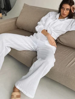 Clearance Minimalist Cotton Two Piece Pants Set Pants Sets|Long Sleeve Sets